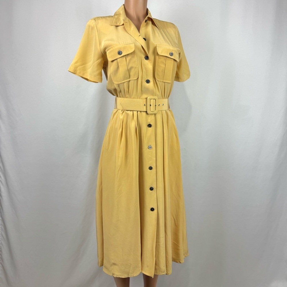 VTG 80s Marianna Sz 6 Yellow 100% Silk Midi Dress Retro Collar Button Up Belted - Picture 2 of 14
